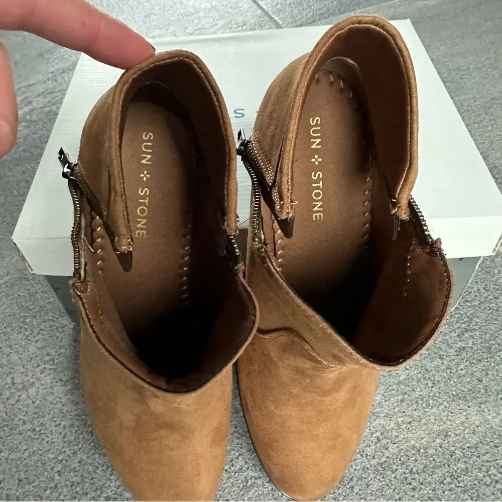 NIB Sun & Stone Abby Ankle Boot Tan Faux Suede Side Zip Booties Women's 7.5W